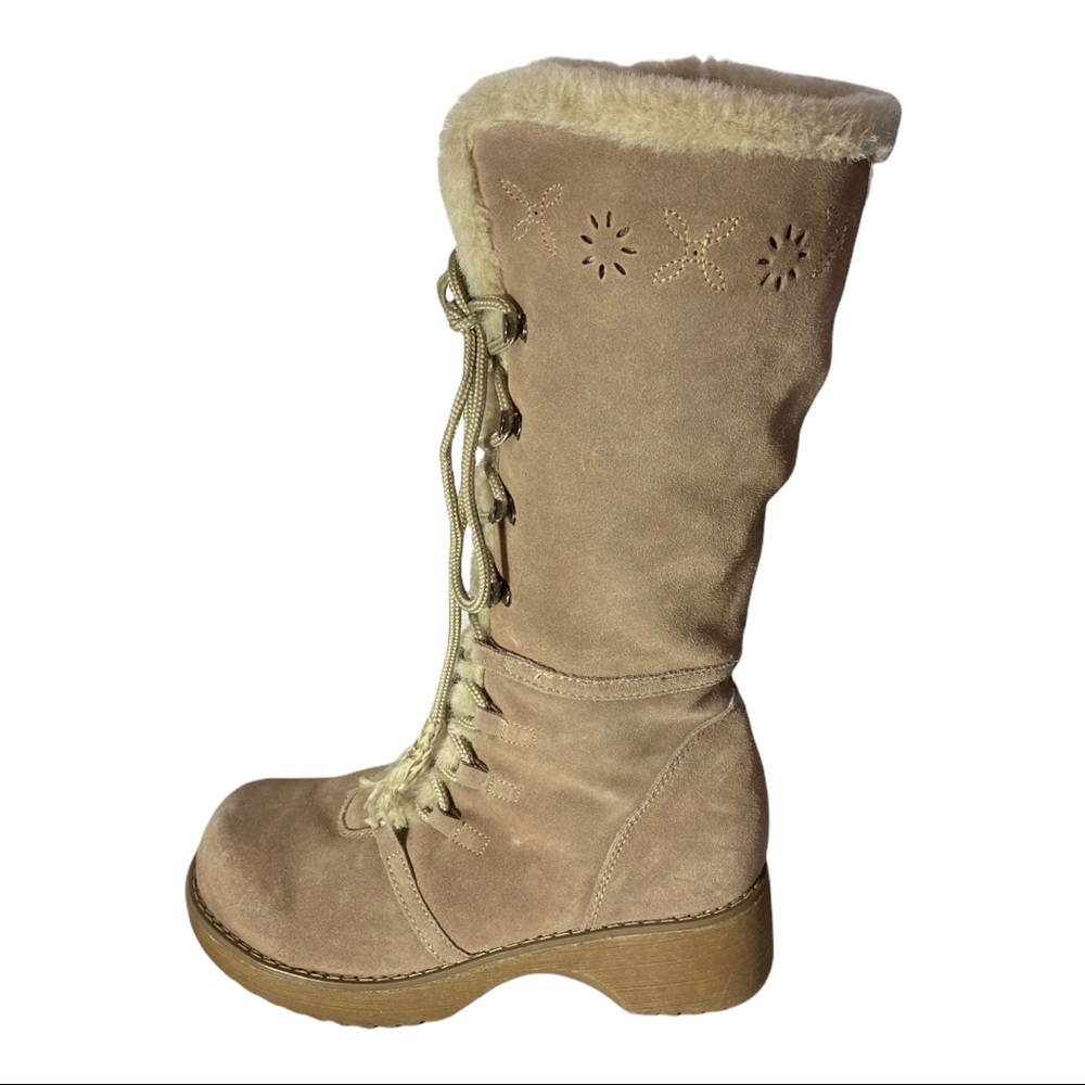 Bewild Beige Suede Tall Faux Fur Lined Chunky Sole Boots Size 8